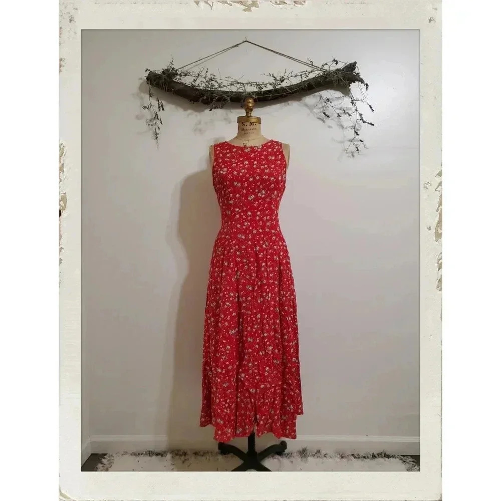 Casual Corner | Vintage Floral Red Cottage Prairie Country Corset Maxi Dress